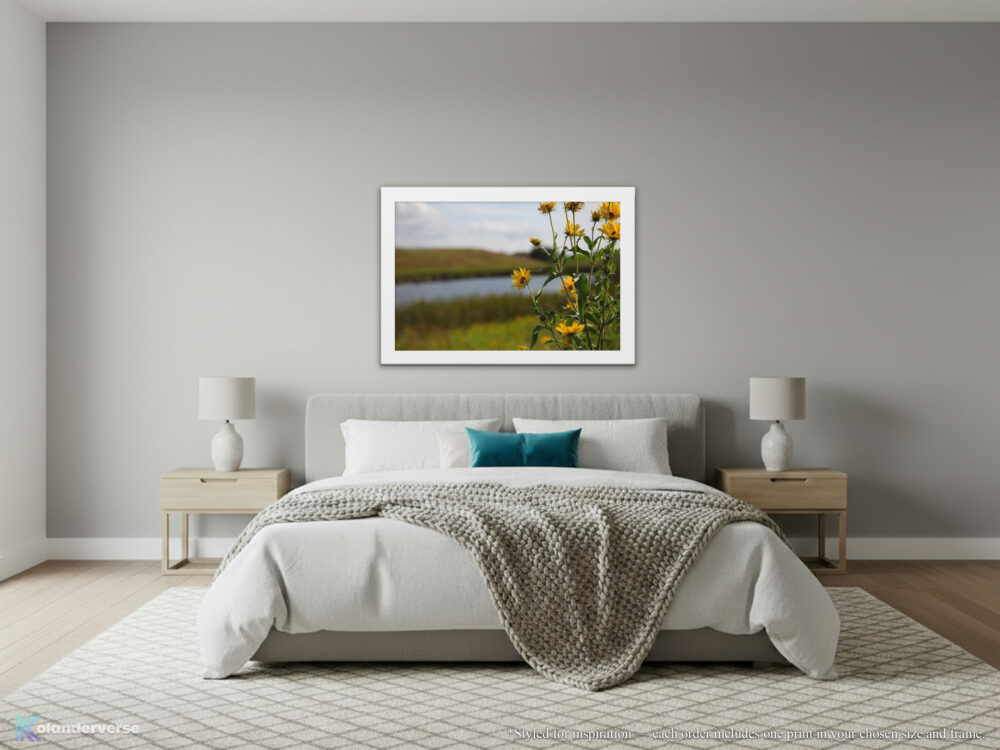 Yellow Prairie Sunflowers at Wolf Lake - Minnesota Wildflower White Framed Print in a neutral colored bedroom