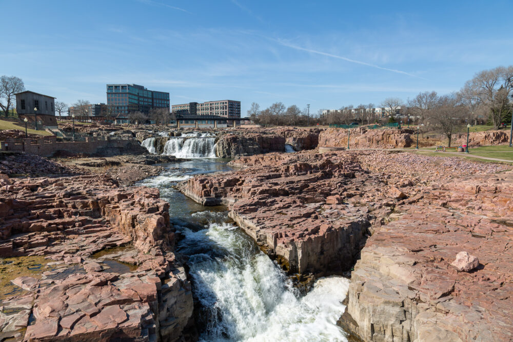 Sioux Falls Waterfall Over Pink Quartzite - South Dakota Park Landscape Art
