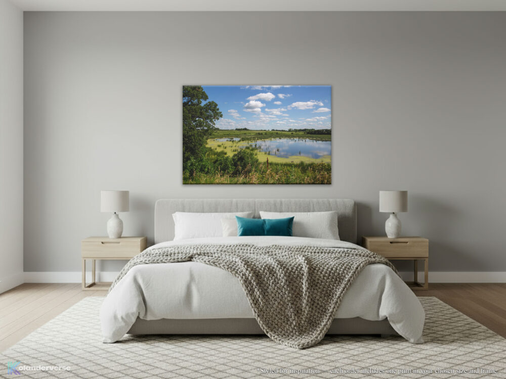 Wolf Lake wetlands conservation canvas print hanging on neutral bedroom wall.