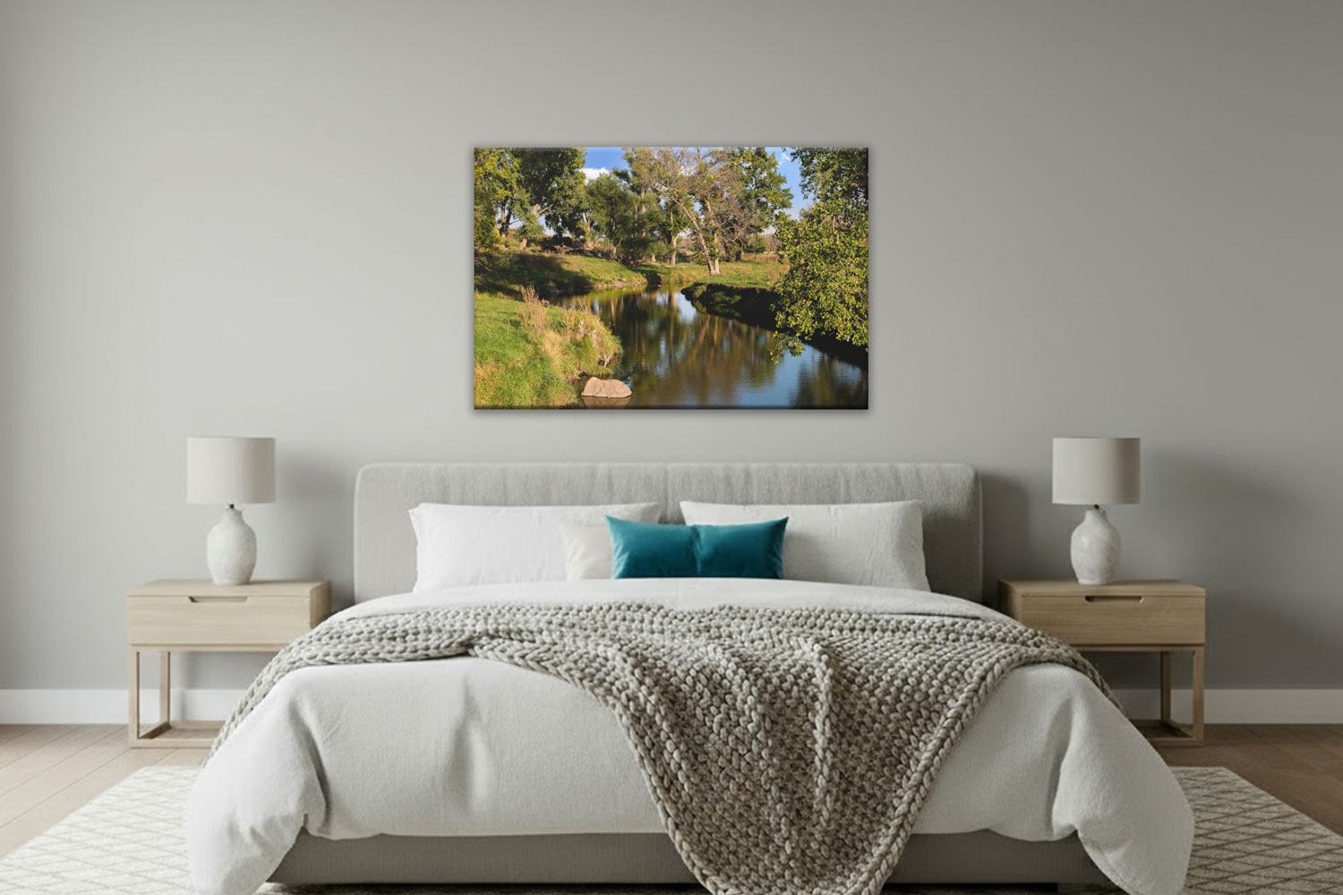 Southwestern Minnesota Prairie Art canvas print in a modern bedroom with a neutral background.