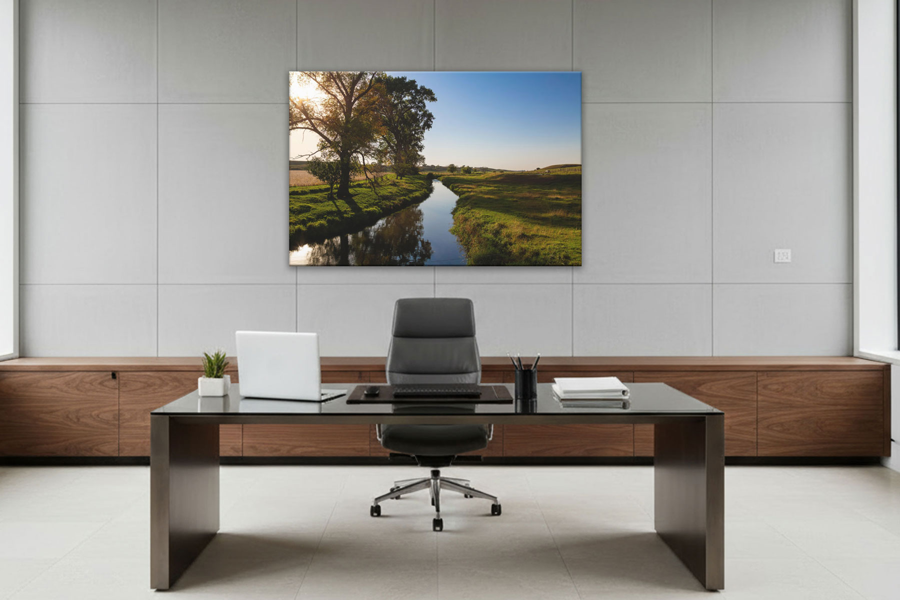 Rural Minnesota wall art on wall in modern office.