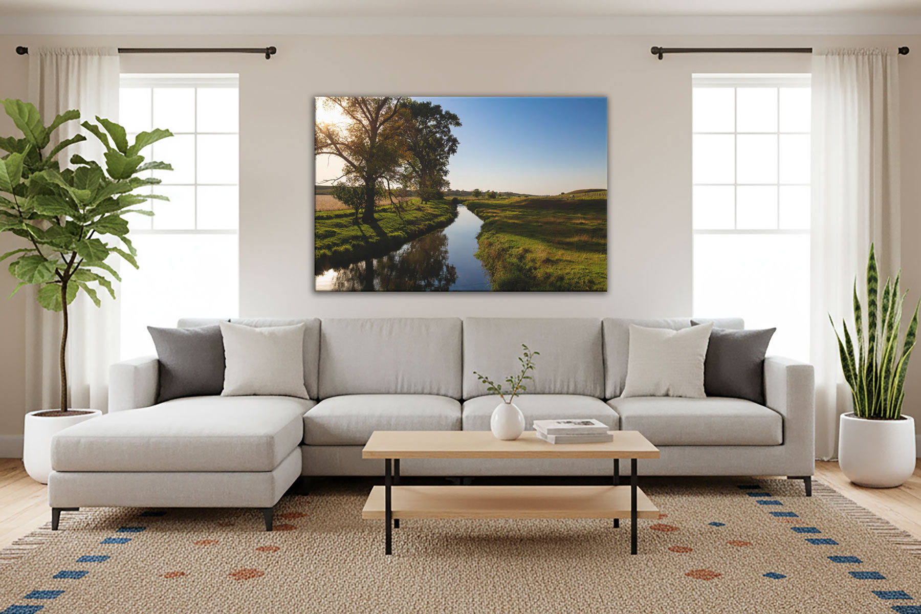 Canvas print of Minnesota prairie art in living room.