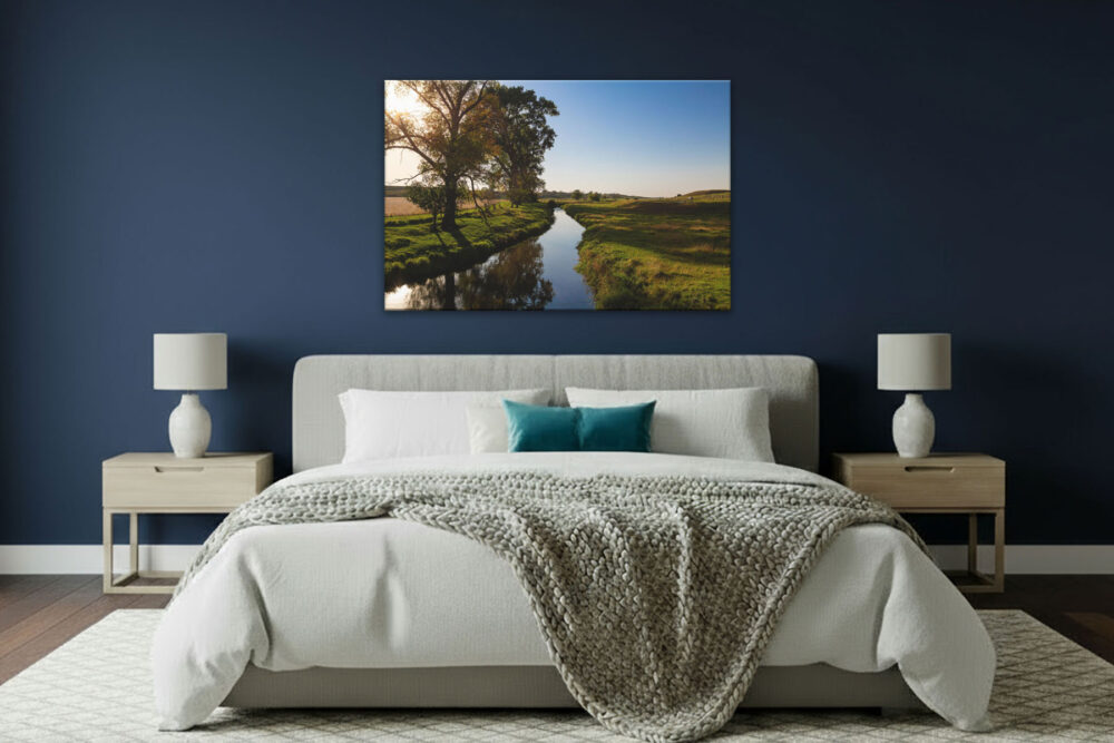Minnesota Farm Landscape Art - Creek in pasture - Canvas wall art in master bedroom with navy wall.