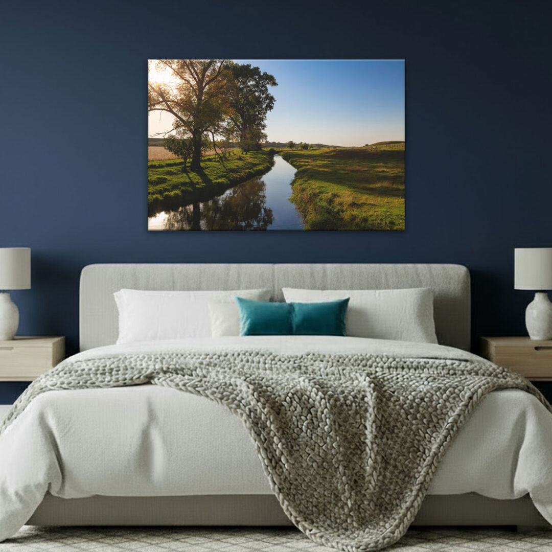 rural-minnesota-prairie-print-bedroom-room-navy-wall Minnesota Farm Landscape Art - Creek in pasture - Canvas wall art in master bedroom with navy wall.