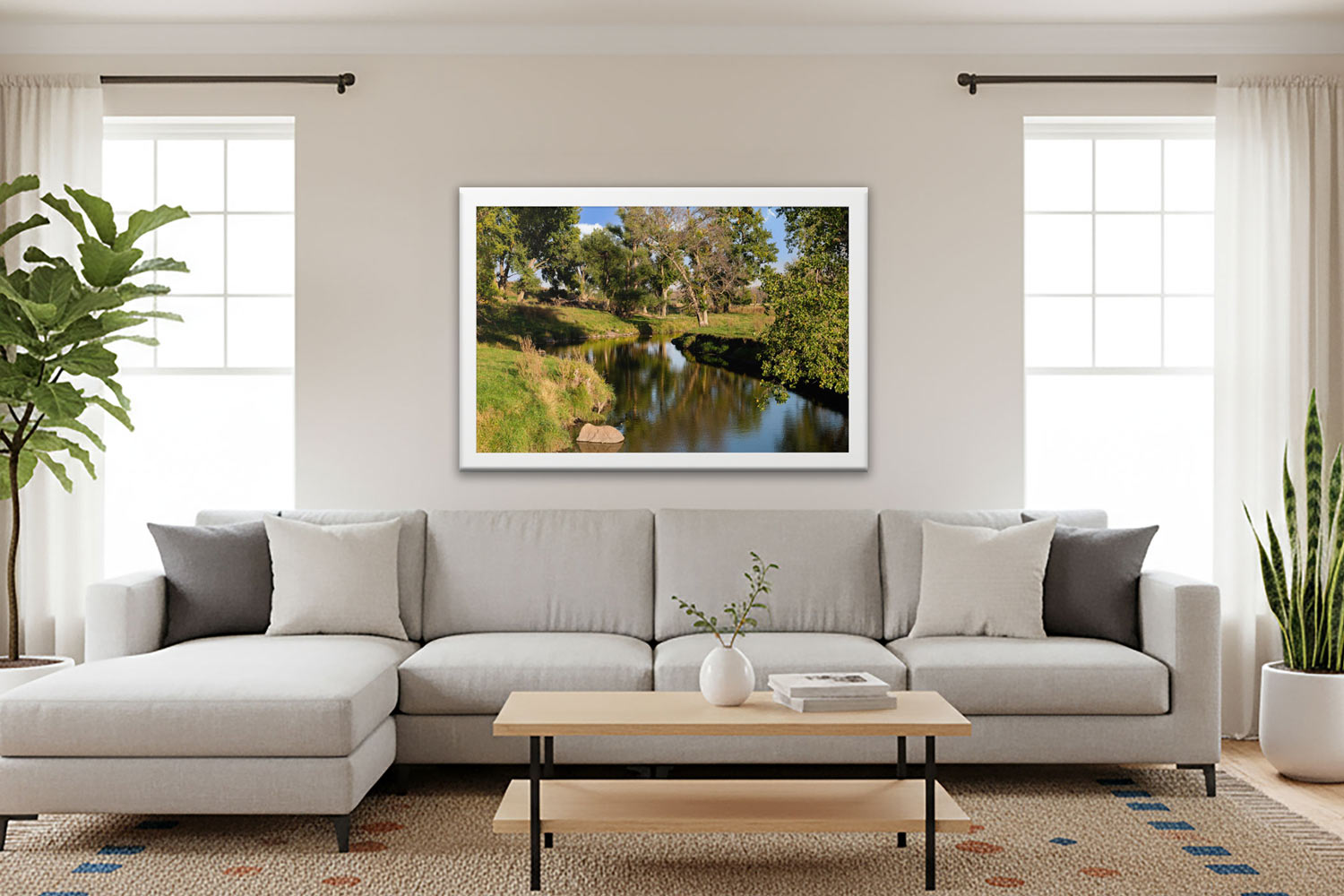 Southwestern Minnesota Prairie Art Reflective Prairie River in a living room with natural lighting.