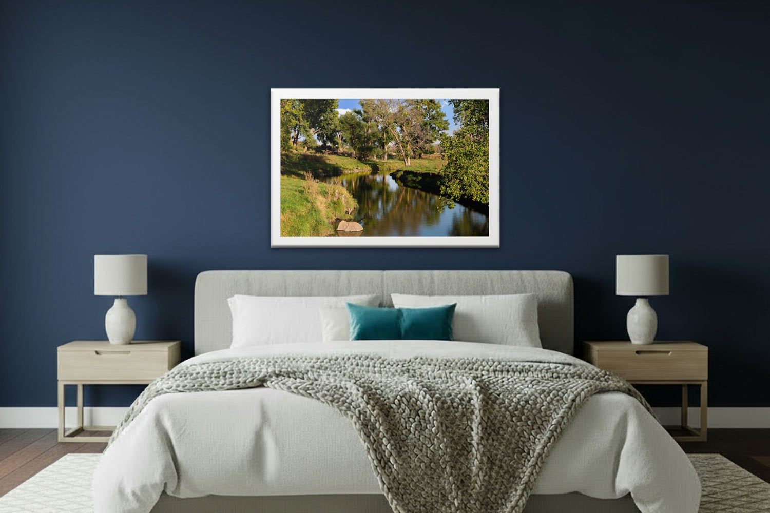 Southwestern Minnesota Prairie Art - Reflective Prairie River Print on a navy blue wall.