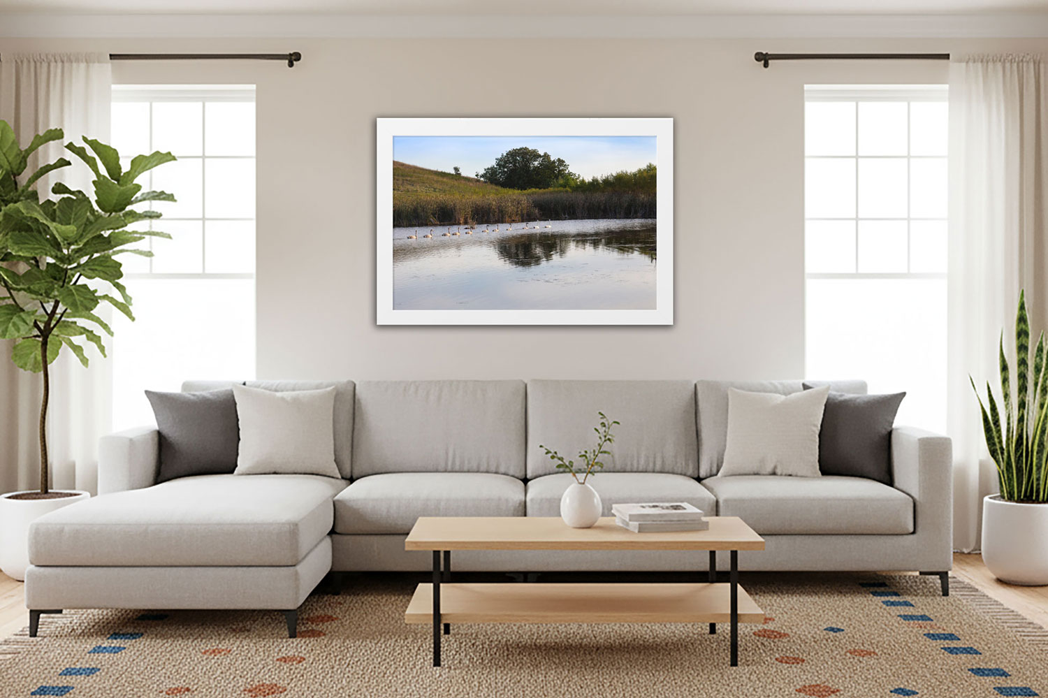 Minnesota Wetland Nature Art paper print framed in modern living room with natural light.
