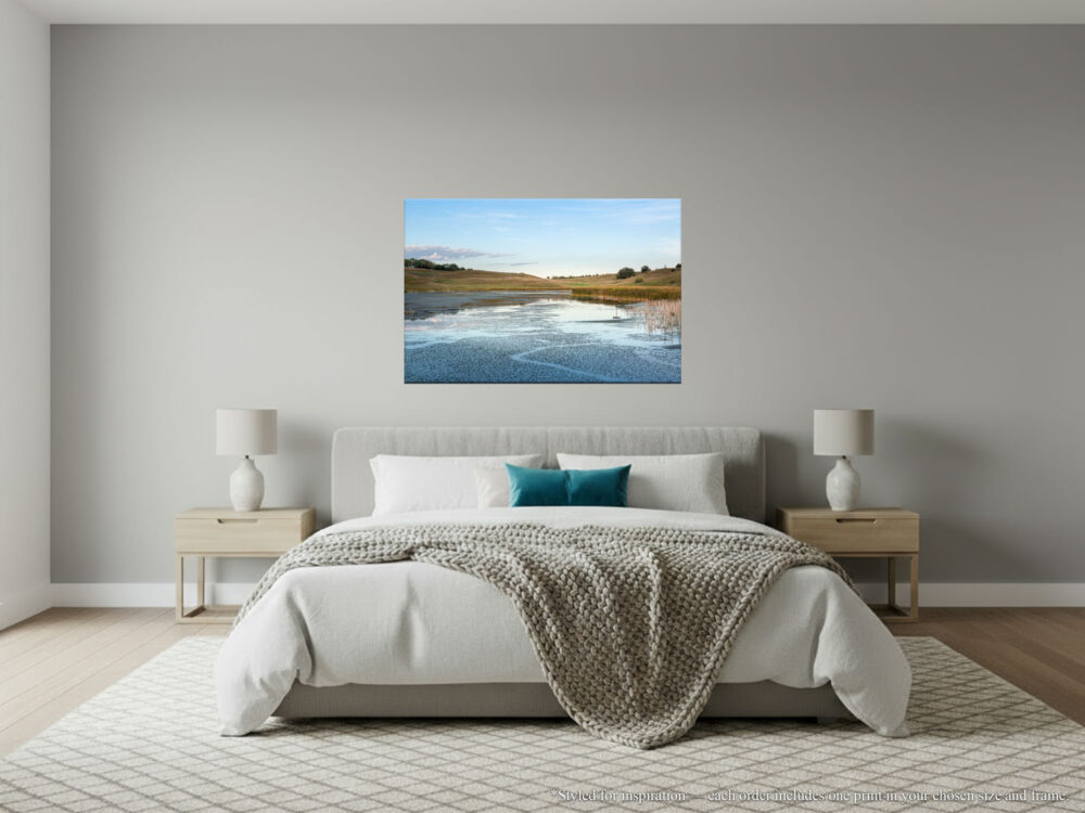 Wolf Lake Late Summer Evening - Minnesota Prairie Wetland Print hanging on neutral colored bedroom wall.