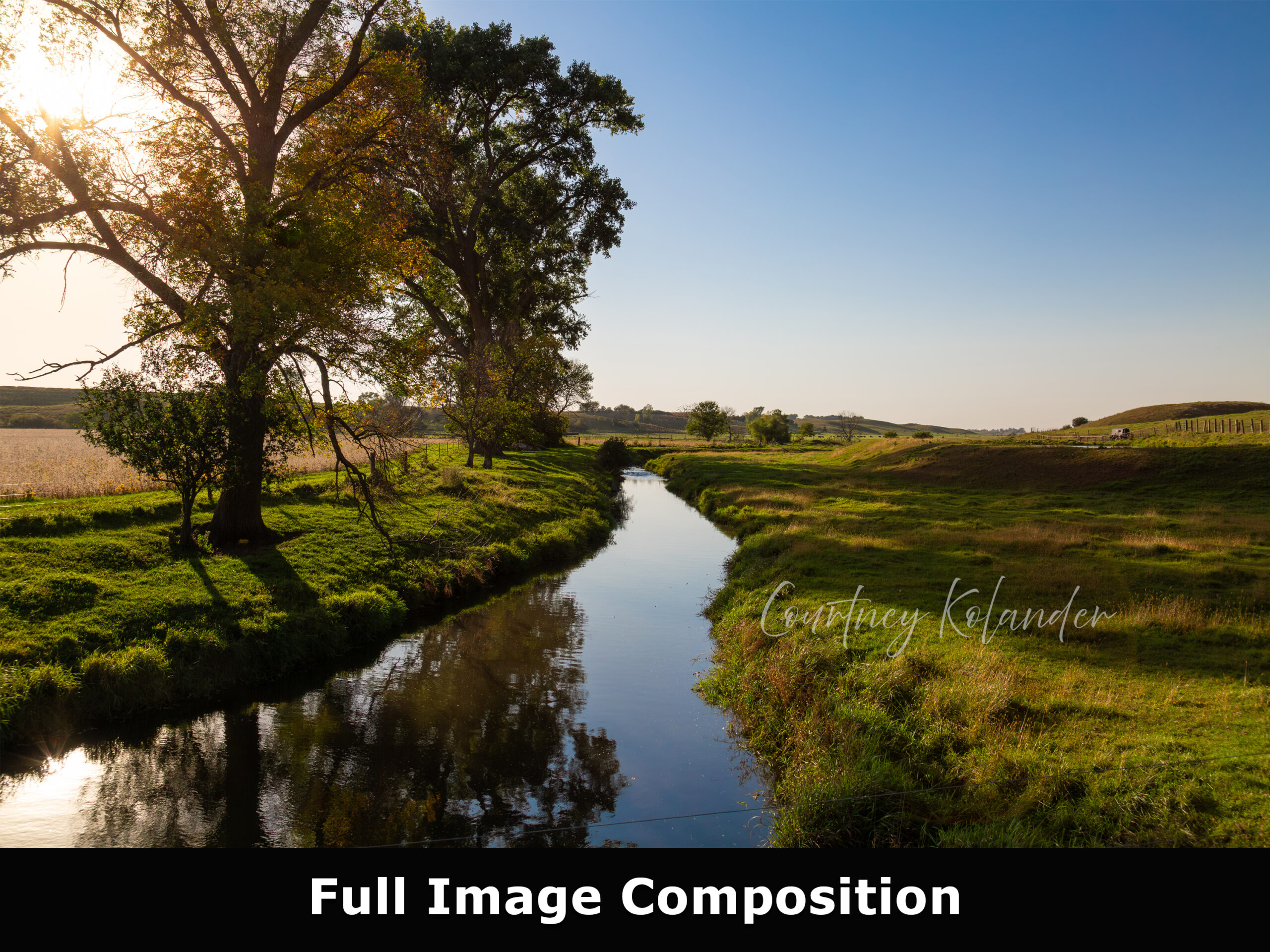 View full composition of Prairie Creek Reflections, a green pasture during the golden hour with the blue sky reflected in the water.